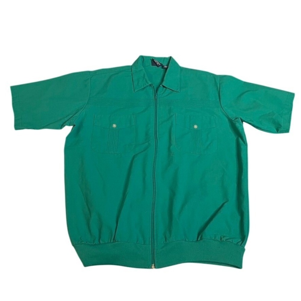 Vintage John Blair Green Zip Up Short Sleeve Shirt Pintuck Pockets Large LGE
